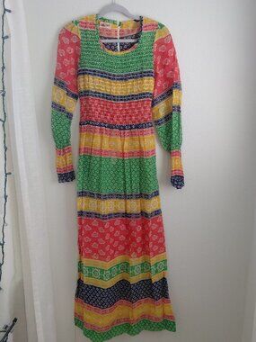 Vintage 70s Mindy Malone Maxi Midi Dress Rainbow Mod Boho
